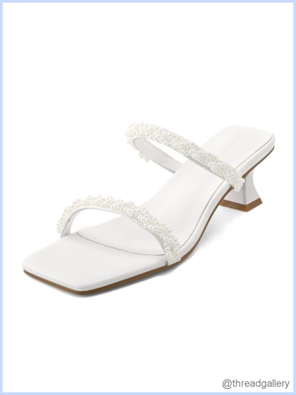 Kitten Heel Sandals Women Faux Leather Pearls Slip On Square Toe 2 Inch Heel